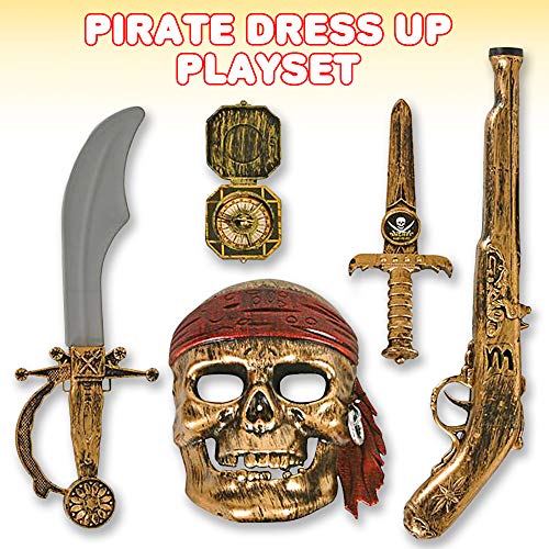 ArtCreativity Pirate Play Set for Kids, 5PC Playset with Plastic Sword, Pistol, Dagger, Compass, and Mask, Pirate Halloween Costume Accessories and Photo Booth Props, Fun Pretend Play Set