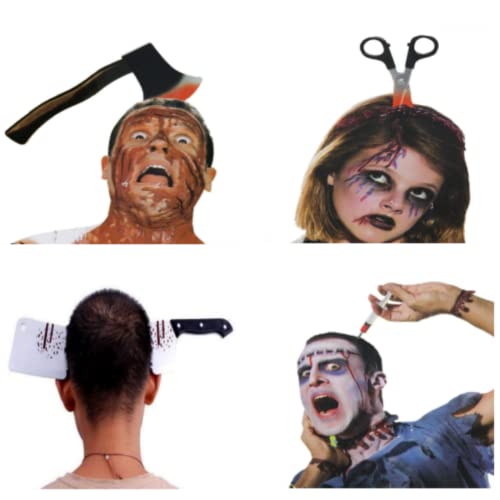 Halloween Costume Scary Weapon Headbands, 4 Packs Rubber Plastic Knife Axe Cleaver and Scissor Through Head, Zombie Accessories Makeup for Teen Men Women Adults Clearance Gifts