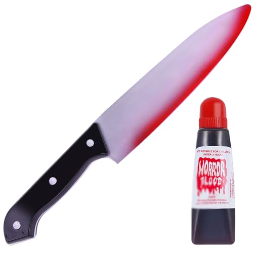 WINUSD 2PCS Halloween Costume Knife Prop Set, Fake Knife and Fake Blood, Bloody Knife Prop, Halloween Scream Costume Decorations for Accessory April Fool's Day Prank Gifts