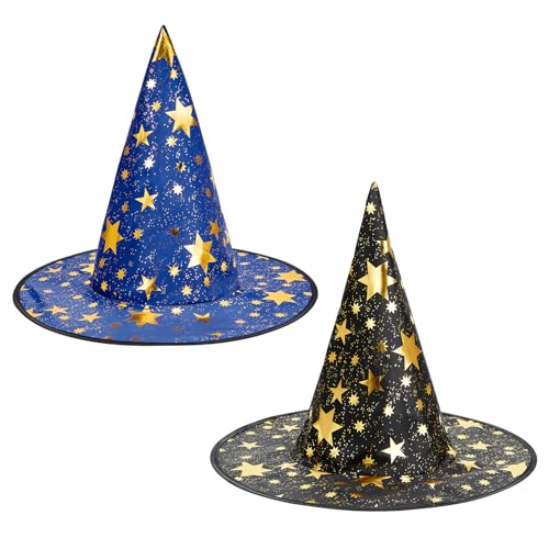 Century Star Witch Hat for Women Halloween Wizard Hat with Gold Star Party Hats for Adults Halloween Costume Accessories Z Black & Blue One Size