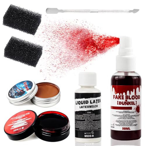 VOLLUCK Halloween Makeup kit - Fake Blood Washable + Liquid Latex + Scar Wax with Spatula Tool + Fake Blood Spray + 2 Stipple Sponge