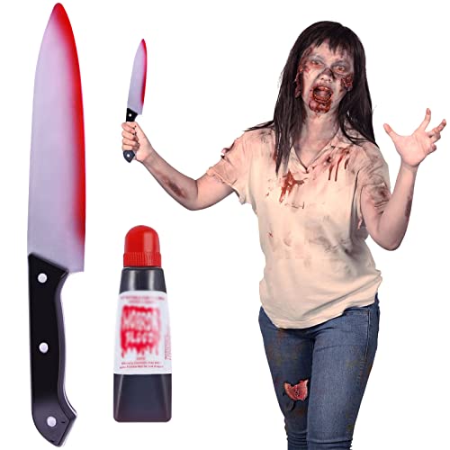 WINUSD 2PCS Halloween Costume Knife Prop Set, Fake Knife and Fake Blood, Bloody Knife Prop, Halloween Scream Costume Decorations for Accessory April Fool's Day Prank Gifts