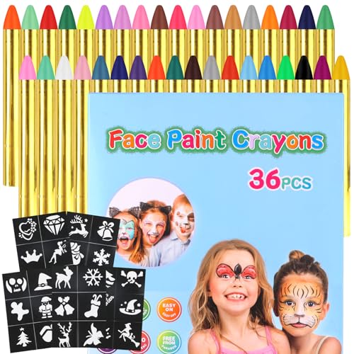 LOKIPA 36PCS Face Paint, Safe & Non-Toxic Face and Body Paint Crayons Face Paint Kids with 5 Stickers for Birthday Makeup Party Supplies, Festivals, Gifts for Kids