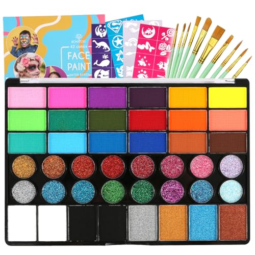 Bowitzki Face Paint Kit,Water Based Non Toxic Face Paint Palette with 24 Colors,16 Glitters, 32 Stencils & 10pcs Brushes, Professional Body Face Paint Makeup For Party,Halloween,Carnival,Festival