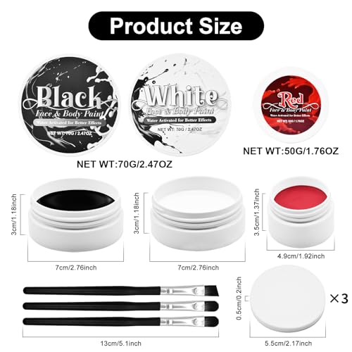 3-Piece Red Black White Face & Body Paint Set - Professional Corpse Cosplay SFX Makeup Kit for Halloween, Skeleton, Skull , Clown, Vampire, Zombie, Full Coverage Skin Paints for Adults Kids