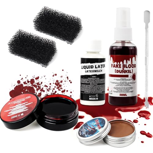 Halloween Make Up Scab Blood Sfx Makeup Kit, Special Effects Makeup Kit, Scar Wax with Double-Ended Spatula, Washable Fake Blood, 2 Stipple Sponge, Scab Coagulated Blood Gel, Realistic (Blood Red)