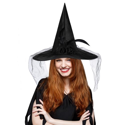 Zando Halloween Accessories Witch Hat Adult Foldable Lace Witch Hats for Women Rose Black Witches Hat with veil Witch Costume for Women Hanging Witch Hats Decoration for Halloween Cosplay Party Medium
