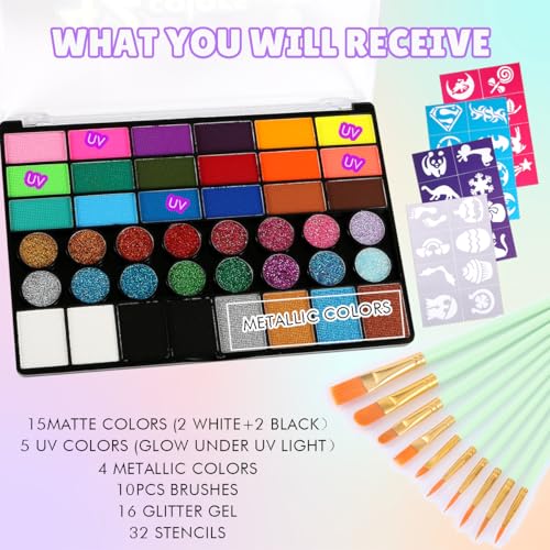 Bowitzki Face Paint Kit,Water Based Non Toxic Face Paint Palette with 24 Colors,16 Glitters, 32 Stencils & 10pcs Brushes, Professional Body Face Paint Makeup For Party,Halloween,Carnival,Festival