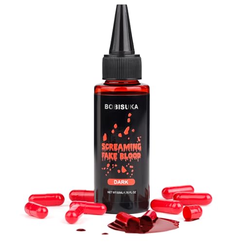 BOBISUKA Halloween Fake Blood + 10 Pack of Easy to Fill Empty Capsules, Realistic Washable Fake Blood Kit for Stage Zombie Vampire Cosplay Party Mouth Clothes