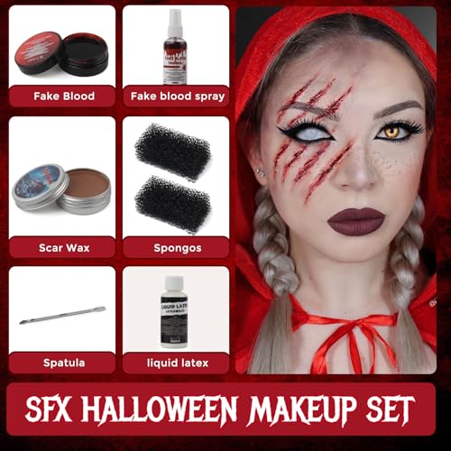 Halloween Make Up Scab Blood Sfx Makeup Kit, Special Effects Makeup Kit, Scar Wax with Double-Ended Spatula, Washable Fake Blood, 2 Stipple Sponge, Scab Coagulated Blood Gel, Realistic (Blood Red)