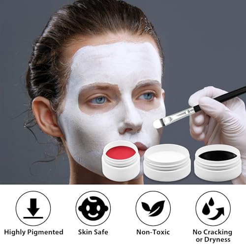 3-Piece Red Black White Face & Body Paint Set - Professional Corpse Cosplay SFX Makeup Kit for Halloween, Skeleton, Skull , Clown, Vampire, Zombie, Full Coverage Skin Paints for Adults Kids