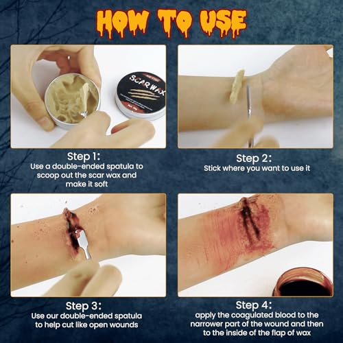 VOLLUCK Halloween Makeup kit - Fake Blood Washable + Liquid Latex + Scar Wax with Spatula Tool + Fake Blood Spray + 2 Stipple Sponge