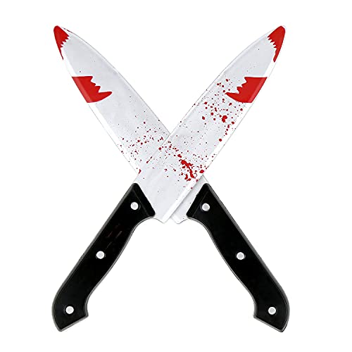 DERAYEE 2PCS Halloween Prop Knife, 12 Inch Plastic Bloody Fake Knife Halloween Classic Horror Prank Props for Scary Halloween Party, Cosplay (Sliver)