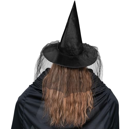 Zando Halloween Accessories Witch Hat Adult Foldable Lace Witch Hats for Women Rose Black Witches Hat with veil Witch Costume for Women Hanging Witch Hats Decoration for Halloween Cosplay Party Medium