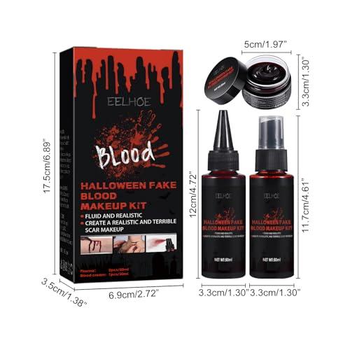 Halloween Fake Blood Makeup Kit, 2024 New Realistic Special Effects SFX Makeup Set with Coagulated Blood Fake Blood Spray Dripping Blood, Washable Body Paint for Zombie Vampire Monster Cosplay (1 set)