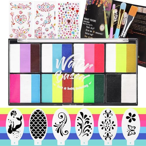 Rainbow Face Painting Kit for Kids Adults - 8 Split Cake Water Activated Palette, 4 Paint Brushes, 3 Gem Sheet, 6 Reusable Stencils, Washable Facepaint Makeup Kit for Halloween, Party, Cosplay