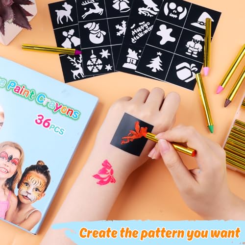 LOKIPA 36PCS Face Paint, Safe & Non-Toxic Face and Body Paint Crayons Face Paint Kids with 5 Stickers for Birthday Makeup Party Supplies, Festivals, Gifts for Kids