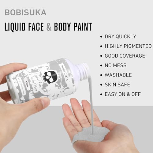 BOBISUKA Sliver Makeup Liquid Face and Body Paint Washable Non Toxic Facepaint Quick Drying Metallic Sliver Foundation Makeup for Cosplay SFX Costume Party Large Capacity(130ml)
