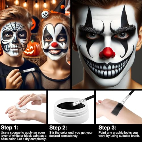 3-Piece Red Black White Face & Body Paint Set - Professional Corpse Cosplay SFX Makeup Kit for Halloween, Skeleton, Skull , Clown, Vampire, Zombie, Full Coverage Skin Paints for Adults Kids