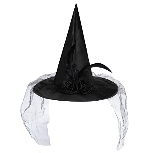 Zando Halloween Accessories Witch Hat Adult Foldable Lace Witch Hats for Women Rose Black Witches Hat with veil Witch Costume for Women Hanging Witch Hats Decoration for Halloween Cosplay Party Medium