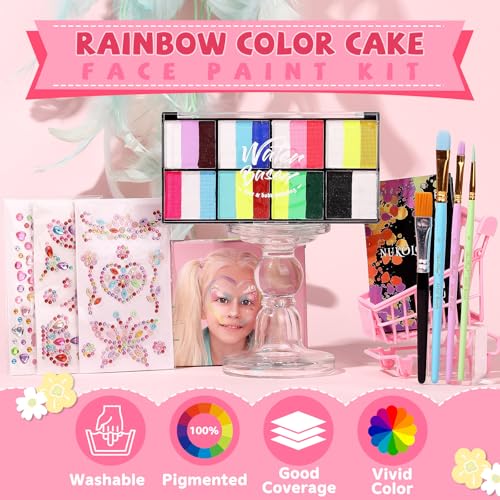 Rainbow Face Painting Kit for Kids Adults - 8 Split Cake Water Activated Palette, 4 Paint Brushes, 3 Gem Sheet, 6 Reusable Stencils, Washable Facepaint Makeup Kit for Halloween, Party, Cosplay