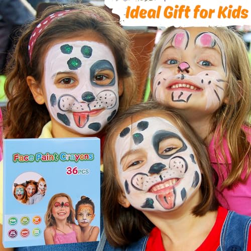 LOKIPA 36PCS Face Paint, Safe & Non-Toxic Face and Body Paint Crayons Face Paint Kids with 5 Stickers for Birthday Makeup Party Supplies, Festivals, Gifts for Kids