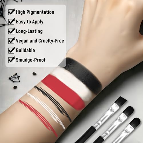 3-Piece Red Black White Face & Body Paint Set - Professional Corpse Cosplay SFX Makeup Kit for Halloween, Skeleton, Skull , Clown, Vampire, Zombie, Full Coverage Skin Paints for Adults Kids
