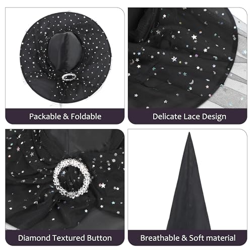 Zando Halloween Accessories Witch Hat Adult Foldable Lace Witch Hats for Women Rose Black Witches Hat with veil Witch Costume for Women Hanging Witch Hats Decoration for Halloween Cosplay Party Medium