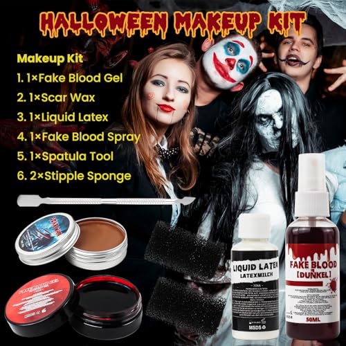 VOLLUCK Halloween Makeup kit - Fake Blood Washable + Liquid Latex + Scar Wax with Spatula Tool + Fake Blood Spray + 2 Stipple Sponge