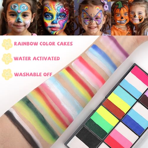 Rainbow Face Painting Kit for Kids Adults - 8 Split Cake Water Activated Palette, 4 Paint Brushes, 3 Gem Sheet, 6 Reusable Stencils, Washable Facepaint Makeup Kit for Halloween, Party, Cosplay