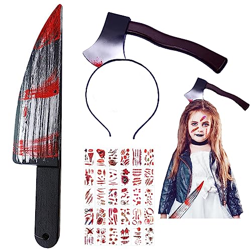 DASDSA Halloween Costumes Fake Knife with Fake Blood,Halloween Purge Weapon Prop and Fake Axe with Fake Blood Headband Add 30PCS Stickers