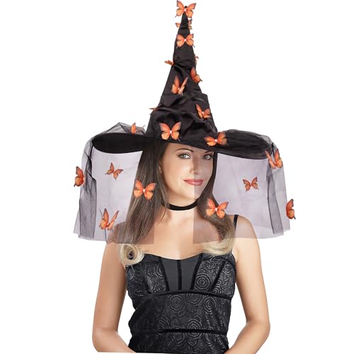 Halloween Witch Hat - Halloween Costumes Outfit for Women, Witches Hats for Women Adult Attached Butterfly and Veils, Cosplay Costume Halloween Party Favors Orange