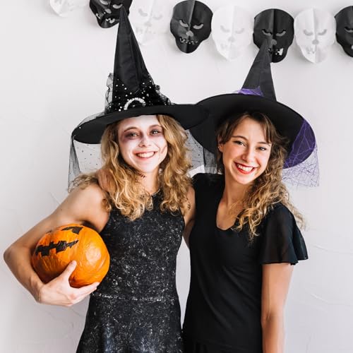 Zando Halloween Accessories Witch Hat Adult Foldable Lace Witch Hats for Women Rose Black Witches Hat with veil Witch Costume for Women Hanging Witch Hats Decoration for Halloween Cosplay Party Medium