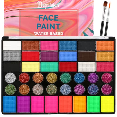 Depvision Professional Face Paint 42 Colors Non Toxic Water Based Face Painting kit Easy To Remove Face Painting For Kids, Safe Professional Halloween Party Makeup Set