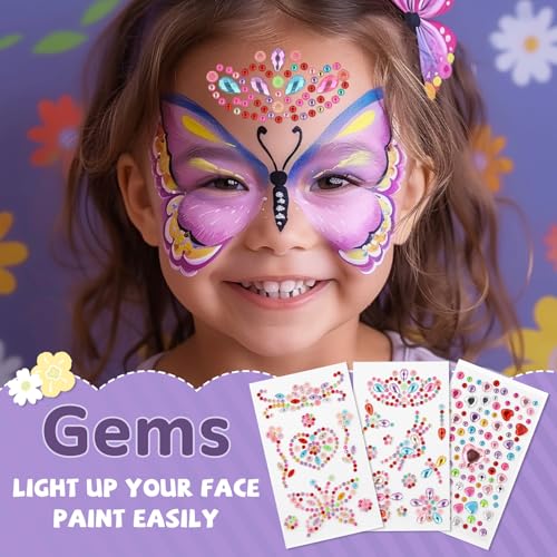 Rainbow Face Painting Kit for Kids Adults - 8 Split Cake Water Activated Palette, 4 Paint Brushes, 3 Gem Sheet, 6 Reusable Stencils, Washable Facepaint Makeup Kit for Halloween, Party, Cosplay