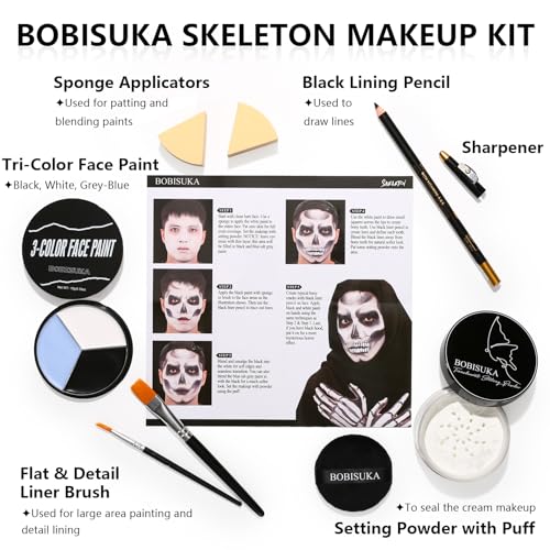 Halloween Skeleton Makeup, Complete Skeleton/Skull Makeup Kit Face Paint SFX Character Set, Professional Skeleton Make Up Kit for Costume Art Cosplay Dress-Up Party for Kids & Adults