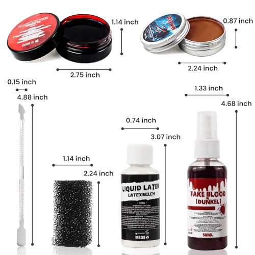 VOLLUCK Halloween Makeup kit - Fake Blood Washable + Liquid Latex + Scar Wax with Spatula Tool + Fake Blood Spray + 2 Stipple Sponge
