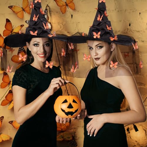 Halloween Witch Hat - Halloween Costumes Outfit for Women, Witches Hats for Women Adult Attached Butterfly and Veils, Cosplay Costume Halloween Party Favors Orange