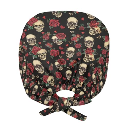JoyLamoria Halloween Caps Cartoon Printed Adjustable Tie Back Turban Hats Sweatband Caps Hair Cover for Women Men, Floral Skull