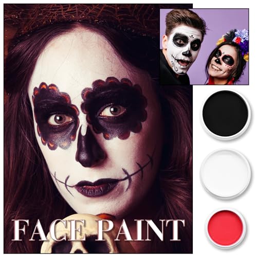 3-Piece Red Black White Face & Body Paint Set - Professional Corpse Cosplay SFX Makeup Kit for Halloween, Skeleton, Skull , Clown, Vampire, Zombie, Full Coverage Skin Paints for Adults Kids