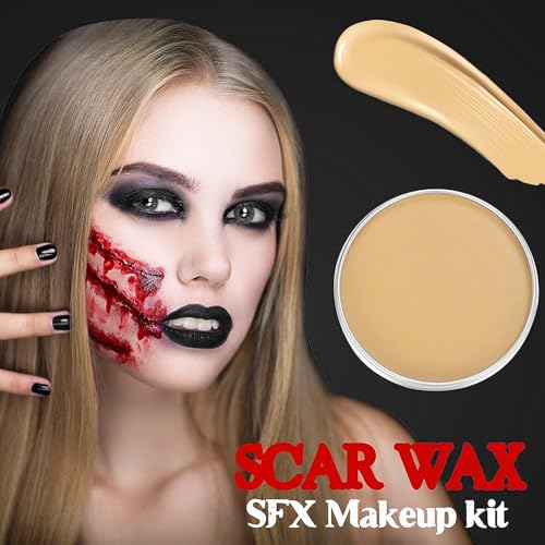 Halloween Make Up Scab Blood Sfx Makeup Kit, Special Effects Makeup Kit, Scar Wax with Double-Ended Spatula, Washable Fake Blood, 2 Stipple Sponge, Scab Coagulated Blood Gel, Realistic (Blood Red)