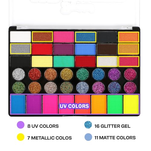 Depvision Professional Face Paint 42 Colors Non Toxic Water Based Face Painting kit Easy To Remove Face Painting For Kids, Safe Professional Halloween Party Makeup Set
