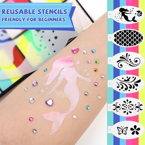 Rainbow Face Painting Kit for Kids Adults - 8 Split Cake Water Activated Palette, 4 Paint Brushes, 3 Gem Sheet, 6 Reusable Stencils, Washable Facepaint Makeup Kit for Halloween, Party, Cosplay