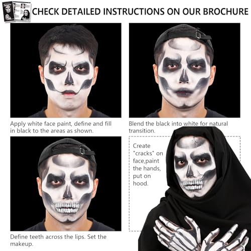 Halloween Skeleton Makeup, Complete Skeleton/Skull Makeup Kit Face Paint SFX Character Set, Professional Skeleton Make Up Kit for Costume Art Cosplay Dress-Up Party for Kids & Adults
