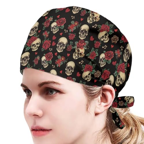 JoyLamoria Halloween Caps Cartoon Printed Adjustable Tie Back Turban Hats Sweatband Caps Hair Cover for Women Men, Floral Skull