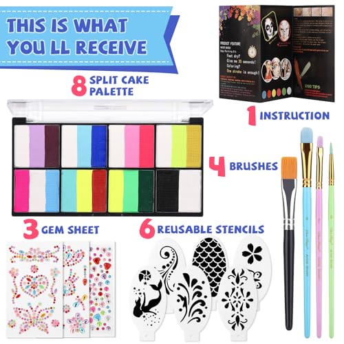Rainbow Face Painting Kit for Kids Adults - 8 Split Cake Water Activated Palette, 4 Paint Brushes, 3 Gem Sheet, 6 Reusable Stencils, Washable Facepaint Makeup Kit for Halloween, Party, Cosplay