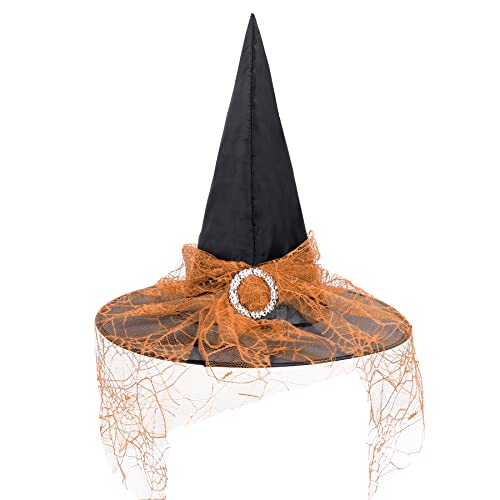 Zando Halloween Witch Hat for Women Wizard Hat Lace Veils Witches Hats for Decoration Witch Accessories Adult Halloween for Halloween Party Modern Witches Hat for Women Orange Witch Hat