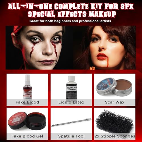 Sfx Makeup Kit Professional, Realistic Special Effects Makeup Kit with 1 Pc Fake Blood, Liquid Latex, Scar Wax, Fake Blood Gel, Spatula Tool and 2 Pcs Stipple Sponges, Washable Halloween Scar Makeup