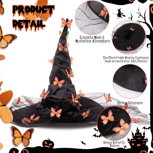 Halloween Witch Hat - Halloween Costumes Outfit for Women, Witches Hats for Women Adult Attached Butterfly and Veils, Cosplay Costume Halloween Party Favors Orange
