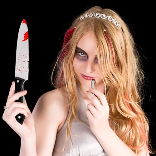 DERAYEE 2PCS Halloween Prop Knife, 12 Inch Plastic Bloody Fake Knife Halloween Classic Horror Prank Props for Scary Halloween Party, Cosplay (Sliver)